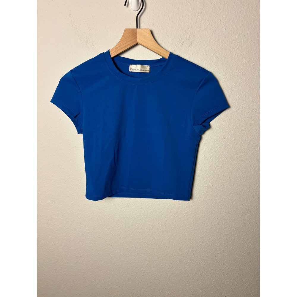 🩵Zenana Womens Royal Blue Short Sleeve Crew Neck Crop Top Size M